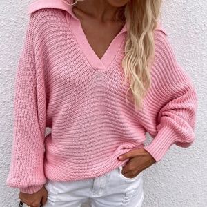 Pink V neck Collar Knit Sweater Top Minimalist y2k